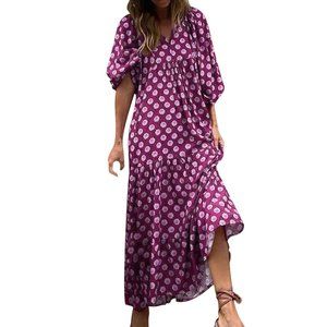 Boho Floral Puff Sleeve Tiered Maxi Dress Casual Layered Loose Vacation Be